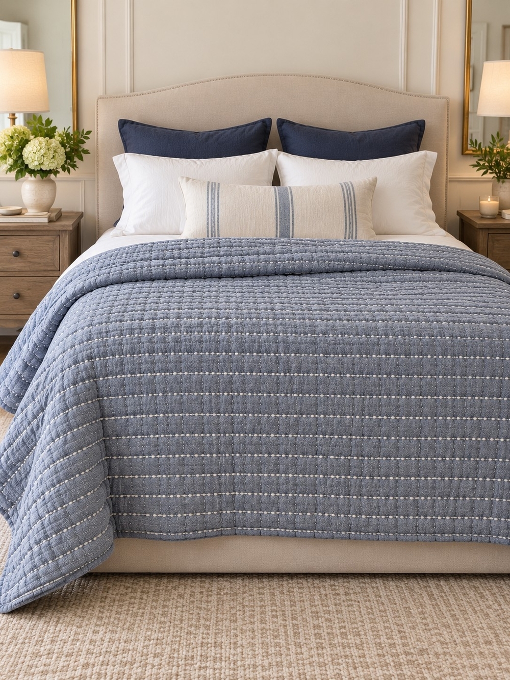 Quince Organic Cotton Channel Stitch Quilt King Cal King Blue Gray Coverlet